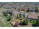 Aerial view of a spacious backyard with a wooden fence, mature trees, and a well-manicured lawn in a residential area at 22021 Pebble Brook Ln, Parker, CO 80138