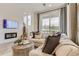 Cozy living room with plush sofa, textured coffee table, fireplace and expansive windows at 6807 Huddersfield Ln, Castle Pines, CO 80108