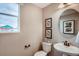 Charming powder room featuring a pedestal sink, decorative mirror, and ample natural light at 17113 W 91St Ln, Arvada, CO 80007