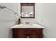 Bathroom vanity featuring dark wood cabinetry, marble countertop, decorative flower pot, and modern mirror at 1104 Fieldstone Pl, Highlands Ranch, CO 80126