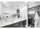 Modern bathroom features double vanity with sleek fixtures and a glass-enclosed shower at 3658 Quivas St, Denver, CO 80211