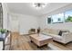 This living room has new hardwood floors, a big window, a modern sofa, and stylish décor at 10863 W 67Th Pl, Arvada, CO 80004