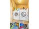 Laundry room featuring a washer and dryer on a wood stand at 2279 Coronado Pkwy # B, Denver, CO 80229