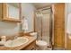 Bathroom featuring a wood vanity, sink, toilet, and glass-enclosed shower at 17865 Smugglers Rd, Monument, CO 80132