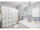 Well-lit bathroom showcasing a single sink vanity and a shower-tub combination with an elephant-themed shower curtain at 11557 Green Cir, Conifer, CO 80433