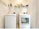 Laundry room with washer, dryer, and overhead shelving at 9275 Merino Ct # A, Littleton, CO 80125