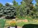 Inviting backyard with mature trees and a flourishing garden at 13516 Thorncreek Cir, Thornton, CO 80241