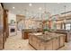 An open kitchen features custom island with granite counters, tile floors, and a decorative fireplace at 8833 Portico Ln, Longmont, CO 80503