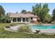 Backyard with a pool and a patio area, surrounded by green grass, trees, and foliage at 5197 S Perry St, Littleton, CO 80123