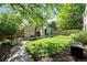 Secluded backyard with lush lawn, mature trees, and stone outdoor fireplace at 1731 Locust St, Denver, CO 80220