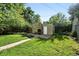 Secluded backyard with lush lawn, mature trees, and stone outdoor fireplace at 1731 Locust St, Denver, CO 80220