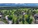 Expansive aerial view of a luxury home nestled among lush greenery with mountain views in the distance at 5519 Ponderosa Dr, Parker, CO 80134