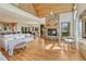 Open-concept living room features a stone fireplace and hardwood flooring with ample light at 5519 Ponderosa Dr, Parker, CO 80134
