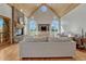 Spacious living room with vaulted ceilings, a stone fireplace, and plentiful natural light at 5519 Ponderosa Dr, Parker, CO 80134