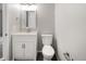 Contemporary bathroom features white vanity, stylish sink, and modern fixtures with dark floor at 9624 W Chatfield Ave # D, Littleton, CO 80128