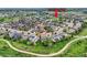 Residential aerial view shows the home's proximity to green spaces and nearby Cowboy Park at 2150 Wagon Way, Louisville, CO 80027