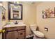 Bathroom with a modern vanity, sink, toilet, and stylish decor at 7250 Eastmoor Dr # 119, Denver, CO 80237