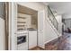 Convenient laundry closet with modern washer and dryer units, shelving, and easy access at 7250 Eastmoor Dr # 119, Denver, CO 80237