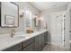 Bathroom featuring a double vanity with white countertops and dark gray cabinets, and modern fixtures at 10660 Weathersfield Ct, Highlands Ranch, CO 80129
