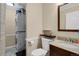 Bathroom featuring stacked washer/dryer and vanity with granite countertop at 9665 Whitecliff Pl, Highlands Ranch, CO 80129