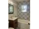 Updated bathroom with patterned tile, a modern vanity, and a new bathtub at 1521 Yosemite St, Denver, CO 80220