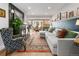 Open-concept living room featuring a cozy fireplace, hardwood floors and comfortable seating at 11037 Cambridge Pl, Parker, CO 80138