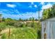 Lush green backyard with storage shed and partial view of neighborhood homes, offering privacy at 3182 W Radcliff Dr, Englewood, CO 80110