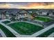 Aerial view of a landscaped yard with a wooden pergola, playset, green grass, and home exterior at 7029 Sagerock St, Castle Pines, CO 80108