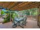 Relaxing outdoor patio area featuring a dining table under a pergola with lush greenery at 10301 Owens Cir, Broomfield, CO 80021