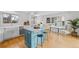 Modern kitchen featuring a teal island and white cabinetry at 982 Grant Pl, Boulder, CO 80302