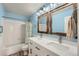 Bright bathroom features a double sink vanity, wood-look floors, and blue walls at 4206 Eagle Ridge Way, Castle Rock, CO 80104