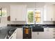 Modern kitchen with stainless steel appliances, a farmhouse sink, and black marble countertops at 355 Steele St, Denver, CO 80206