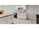 White kitchen with butcher block island and new appliances at 1270 N Marion St # 506, Denver, CO 80218