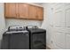 Modern laundry room with front loading washer and dryer and overhead cabinets for storage at 10149 Xanadu Street, Commerce City, CO 80022