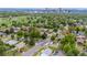 Neighborhood aerial view with mature trees and the Denver skyline in the distance at 2703 N Milwaukee St, Denver, CO 80205