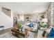 Open-concept living space with modern sofa, decorative pillows, and coffee table overlooking the dining and kitchen area at 3418 Belleville Ridge Rd, Elizabeth, CO 80107