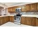 Charming kitchen featuring stainless steel oven and microwave, complemented by tile backsplash and wood cabinets at 7877 S University Way, Centennial, CO 80122