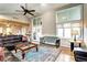Spacious living room with vaulted ceilings, large windows, and access to the outdoor patio at 7877 S University Way, Centennial, CO 80122