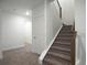 Carpeted hallway with stairs and white trim and walls; bedroom and bathroom doors can be seen at 11860 Sandcastle Ct, Parker, CO 80138