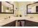 Well-lit bathroom with double sinks, vanity, and decorative mirrors at 3600 S Pierce St # 106, Lakewood, CO 80235