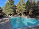 Inviting community pool area with many people enjoying the sun and water, surrounded by tall trees at 180 Broken Lance Dr # 14, Breckenridge, CO 80424