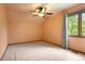 Cozy bedroom featuring plush carpet, ceiling fan and window with a lush outdoor view at 1129 Genesee Vista Rd, Golden, CO 80401