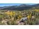 Scenic aerial view of a well-maintained home nestled among lush green trees and majestic mountains in the background at 779 Aspen Way, Evergreen, CO 80439