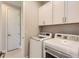Well-lit laundry room with modern washer and dryer units and white cabinets at 10119 Bellwether Ln, Lone Tree, CO 80124