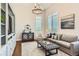A formal living room with tall windows, hardwood floors, and an elegant sofa at 10119 Bellwether Ln, Lone Tree, CO 80124