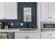 Bright kitchen features white cabinetry, stainless steel appliances, and dark blue backsplash at 1445 Ash St, Denver, CO 80220