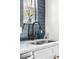 Close-up of the kitchen sink with dark backsplash and flowers in the window at 1445 Ash St, Denver, CO 80220