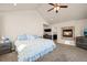 King-size bed in a well-lit bedroom with a fireplace and ensuite bathroom access at 9066 Sandpiper Dr, Frederick, CO 80504