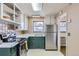 Updated kitchen with green cabinets, stainless steel appliances, and tiled backsplash at 543 S Bryant St, Denver, CO 80219