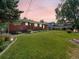 Backyard during sunset showcasing the well-maintained lawn, mature trees, and inviting landscaping at 6769 W 70Th Ave, Arvada, CO 80003